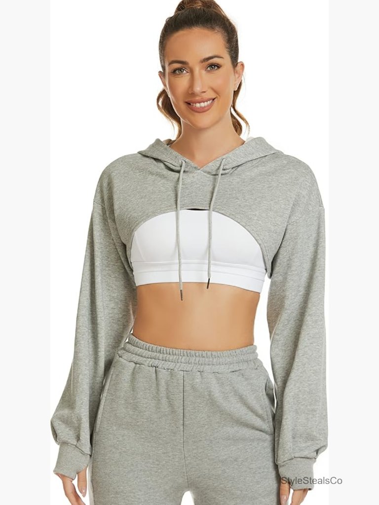 Cut Out Super Cropped Hoodie Long Sleeve Pullover Active Sweatshirt Top
